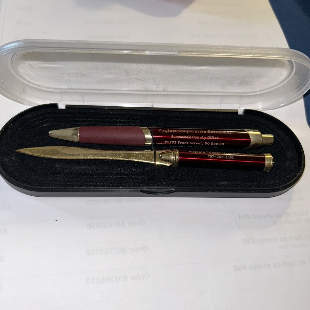 Vintage Virginia Coop. Extension Burgundy Pen & Letter Opener Set In Case